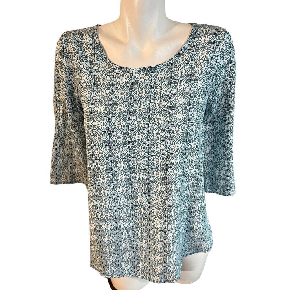 Piphany Shirt Tiered Open Back Women's Size Small Blue White Geometric Print